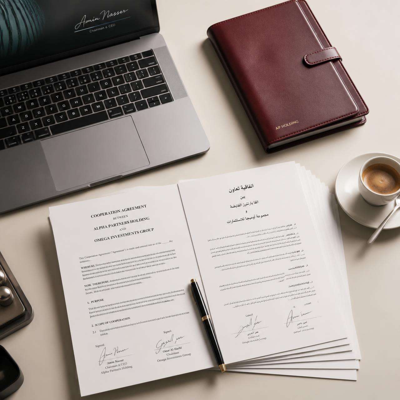 Contratto societario internazionale bilingue firmato con penna stilografica e laptop